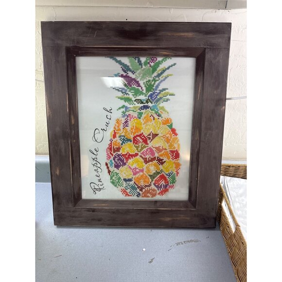 Framed Pineapple Punch Beaded Artwork With Rustic Wood Frame 20x17" - Picture 3 of 4